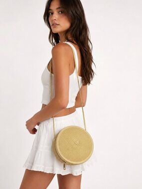 Y2K Round Woven Straw Shoulder Bag Natural Crossbody Purse